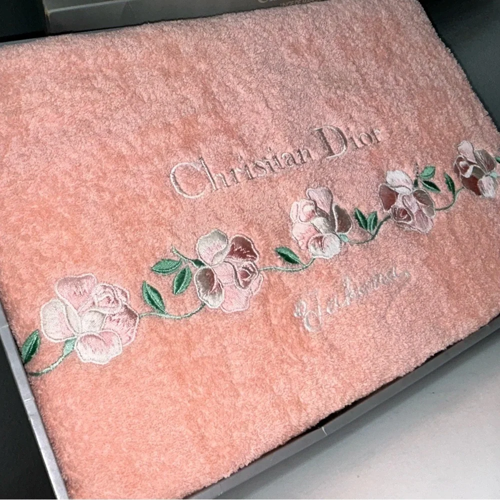 Christian Dior Peach Pink Floral Embroidered Bath Towel in Box